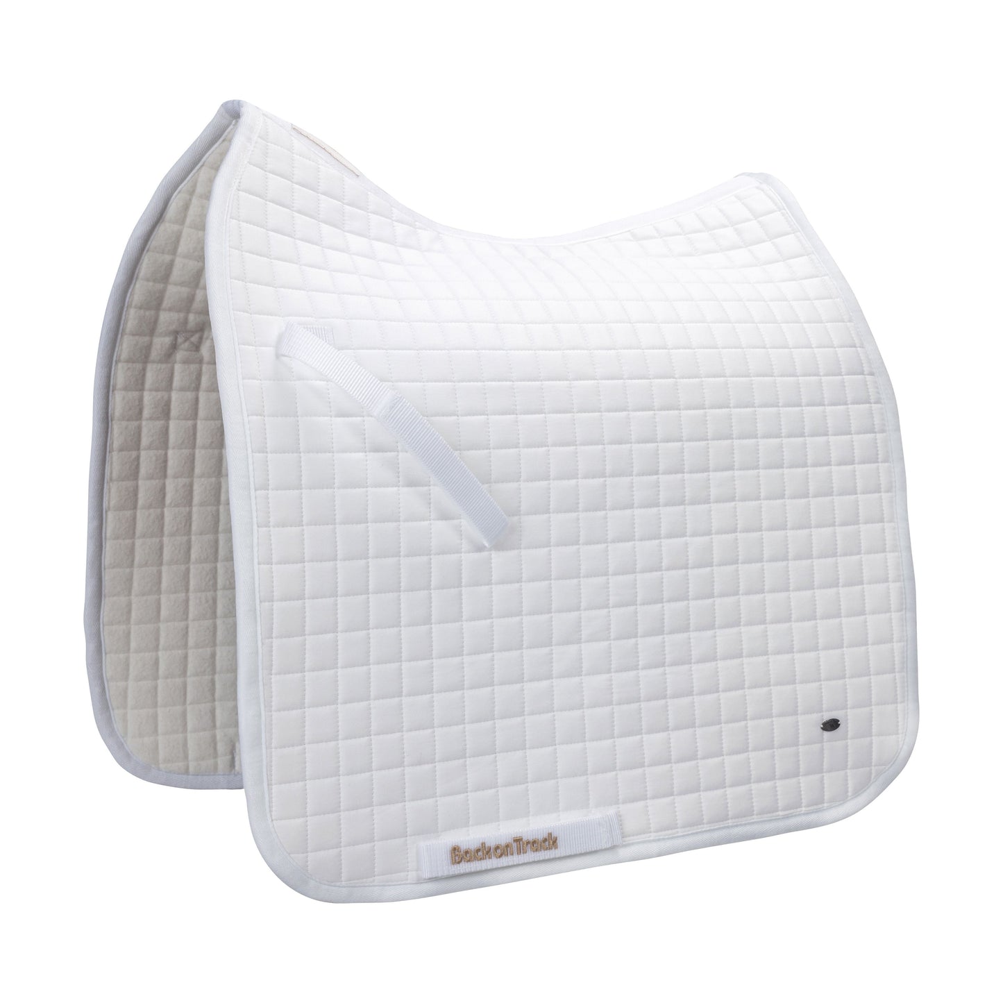 white dressage saddle pad with gold BOT and metal logo tag