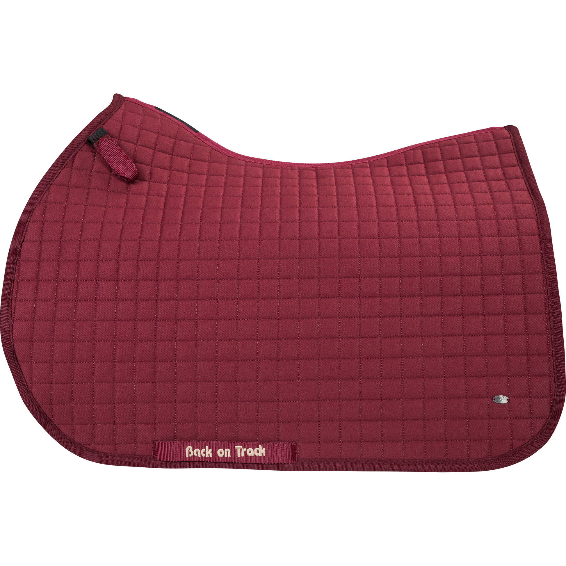 burgundy jumping saddle pad, side view, BOT gold logo & metal badge