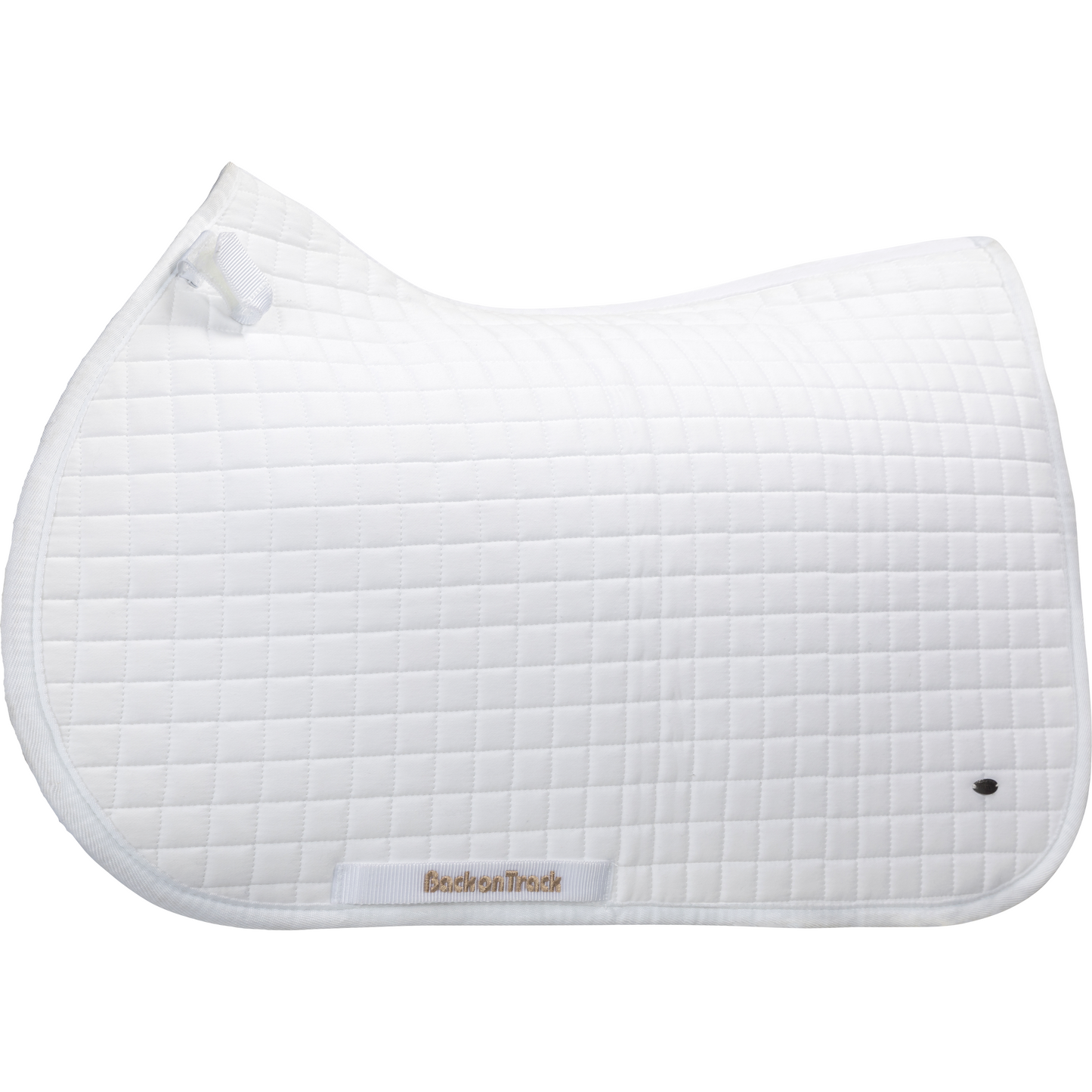 white jumping saddle pad, side view, BOT gold logo & metal badge