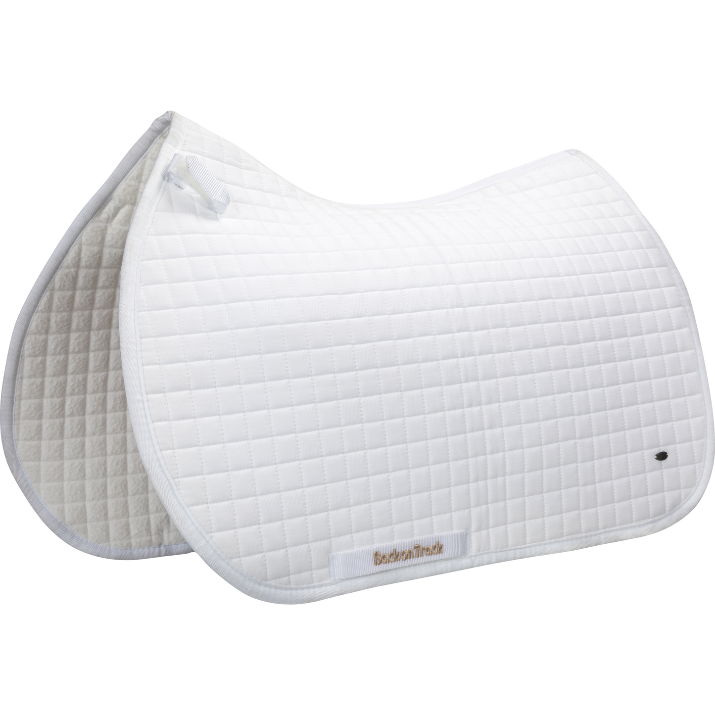 white jumping saddle pad, side view, BOT gold logo & metal badge