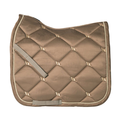 nougat dressage saddle pad with gold logo details and gold piping along edge