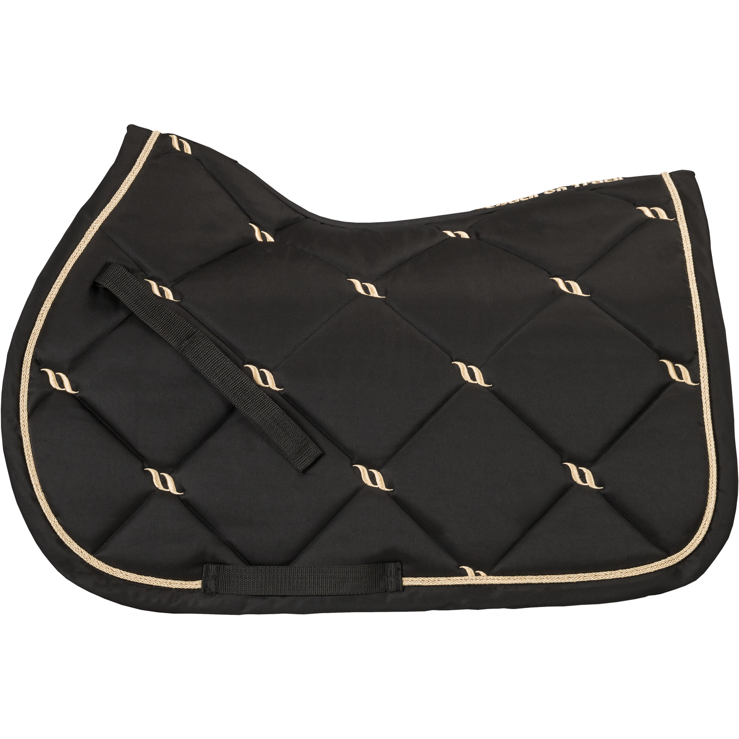 black nights collection saddle pad, quilted with gold back on track logo and gold cord piping along edge