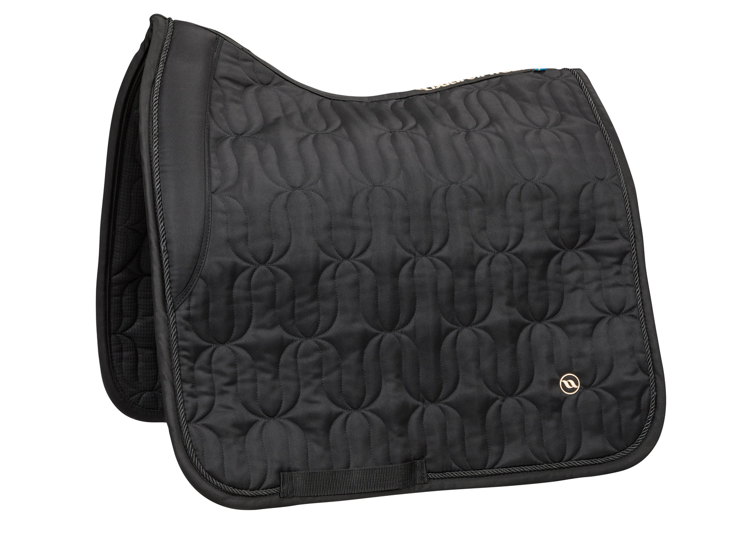 shiny black dressage saddle pad with brush gold BOT badge