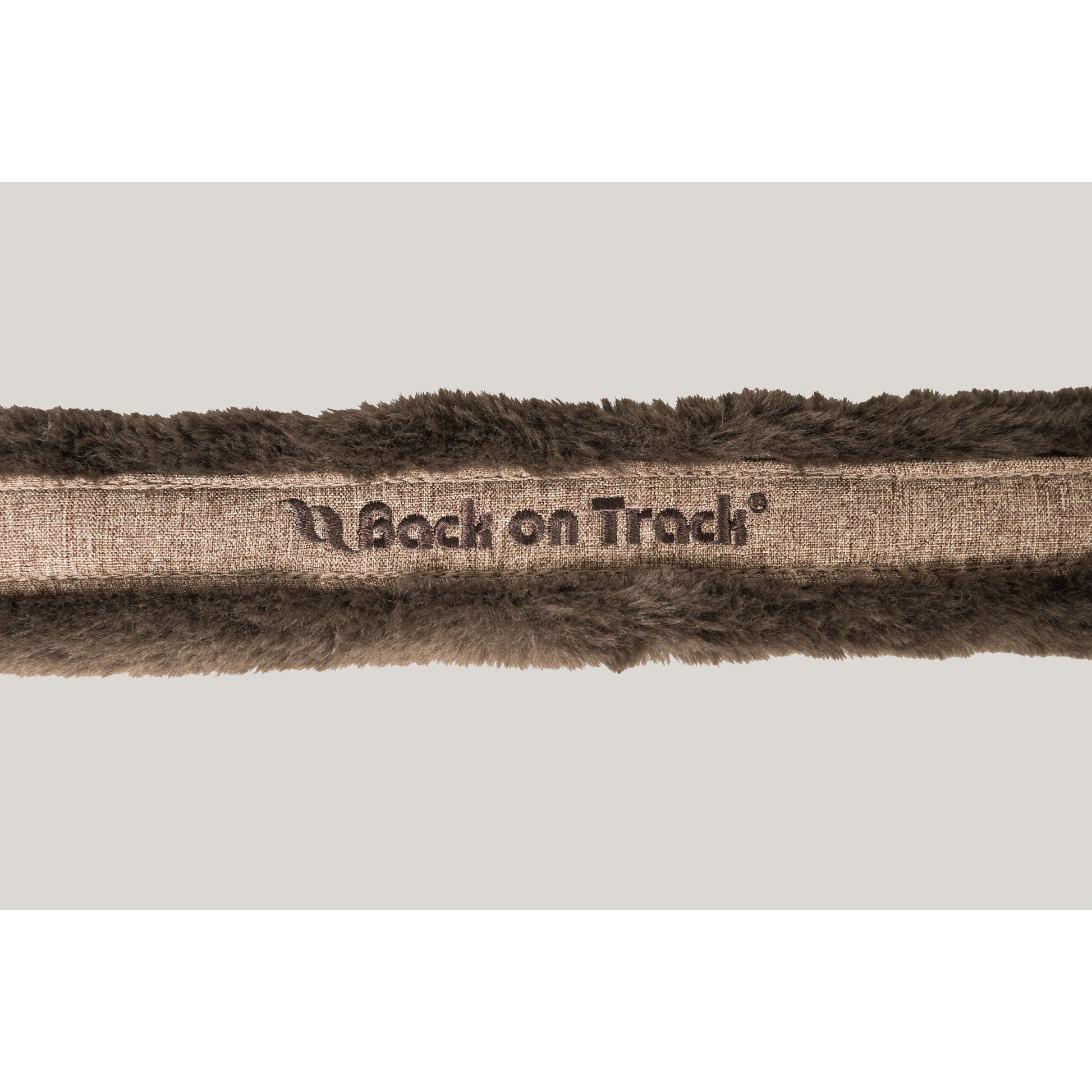 close up photo of brown fluffy halter with branding across noseband 