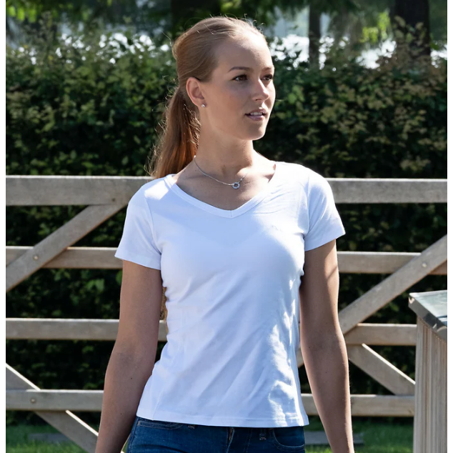 a white v-neck shirt being worn by a blonde women