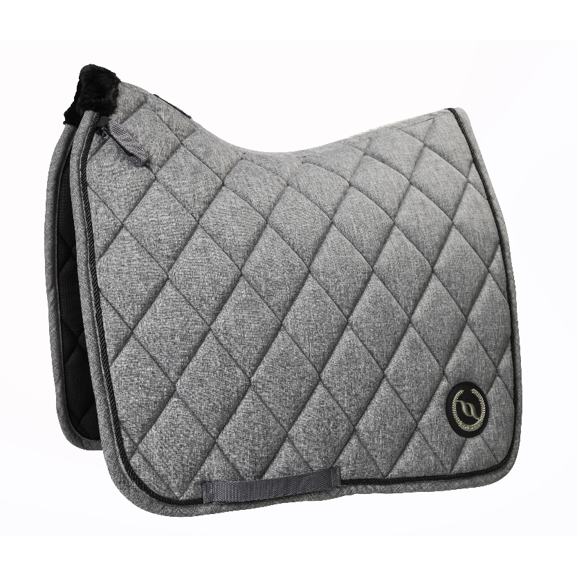 grey quilted dressage saddle pad with logo