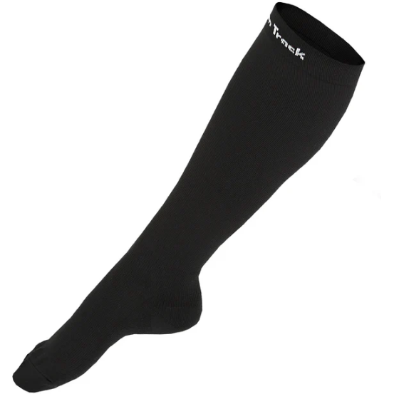 black knee sock with back on track logo at top