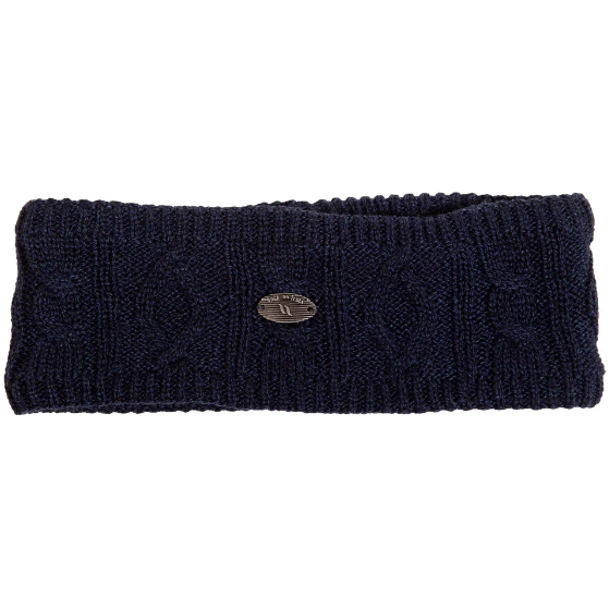 Navy cable knit headband with metal logo badge