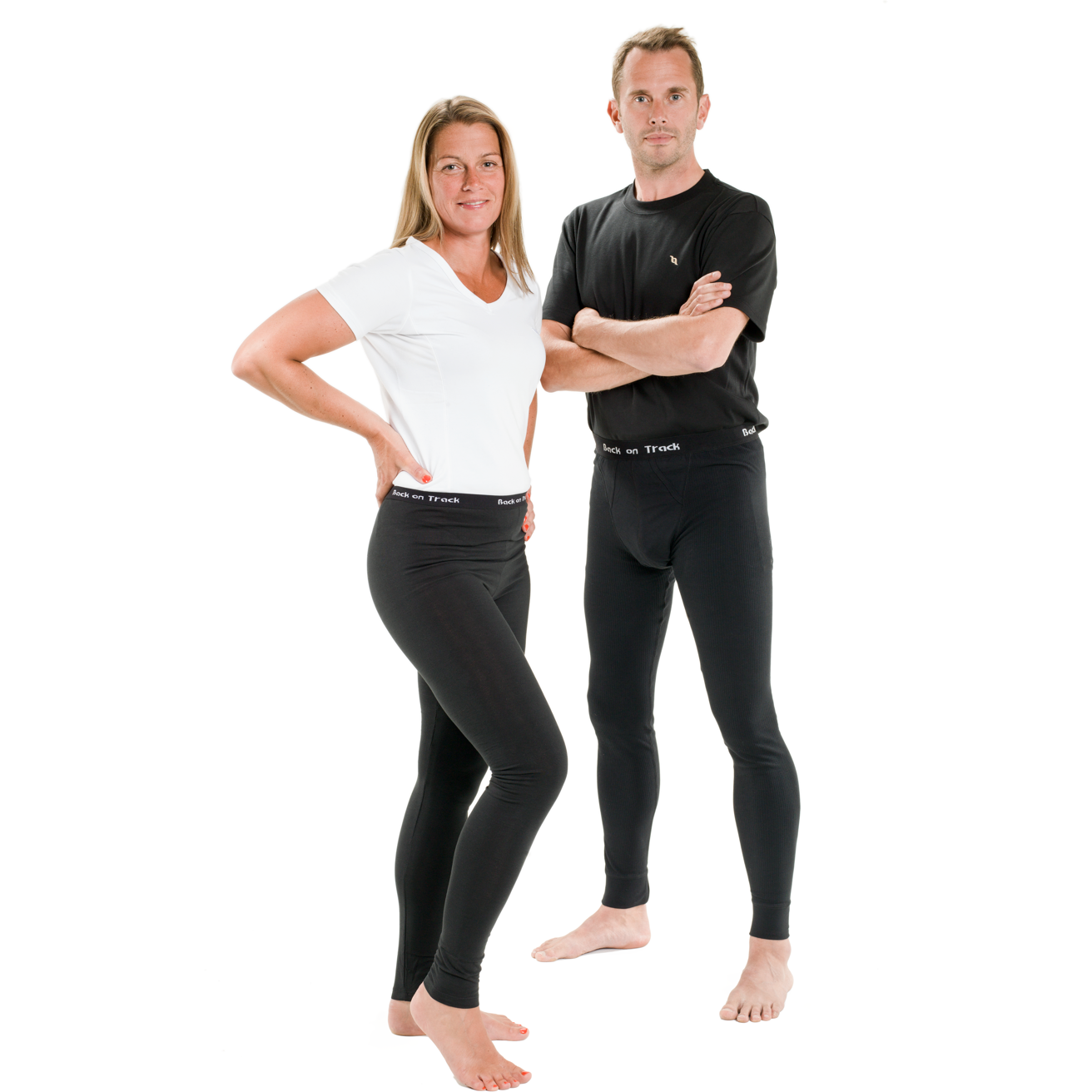 man wearing black long johns and black t-shirt, women wearing white v-shirt and black leggings