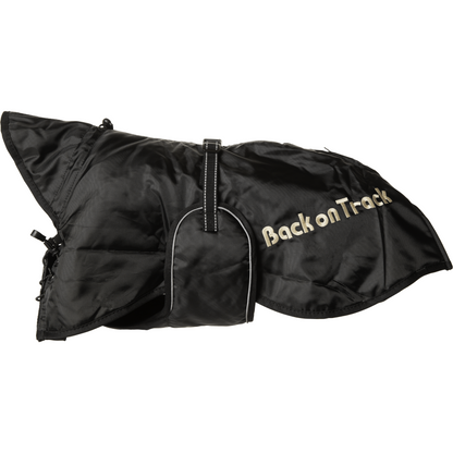 black weatherproof dog jacket, low set tail design with tail zip