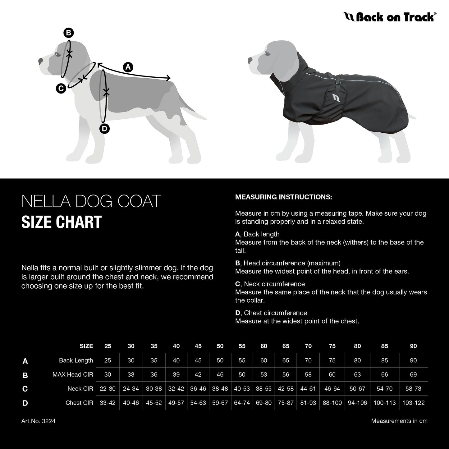 size chart for the Nella dog coat