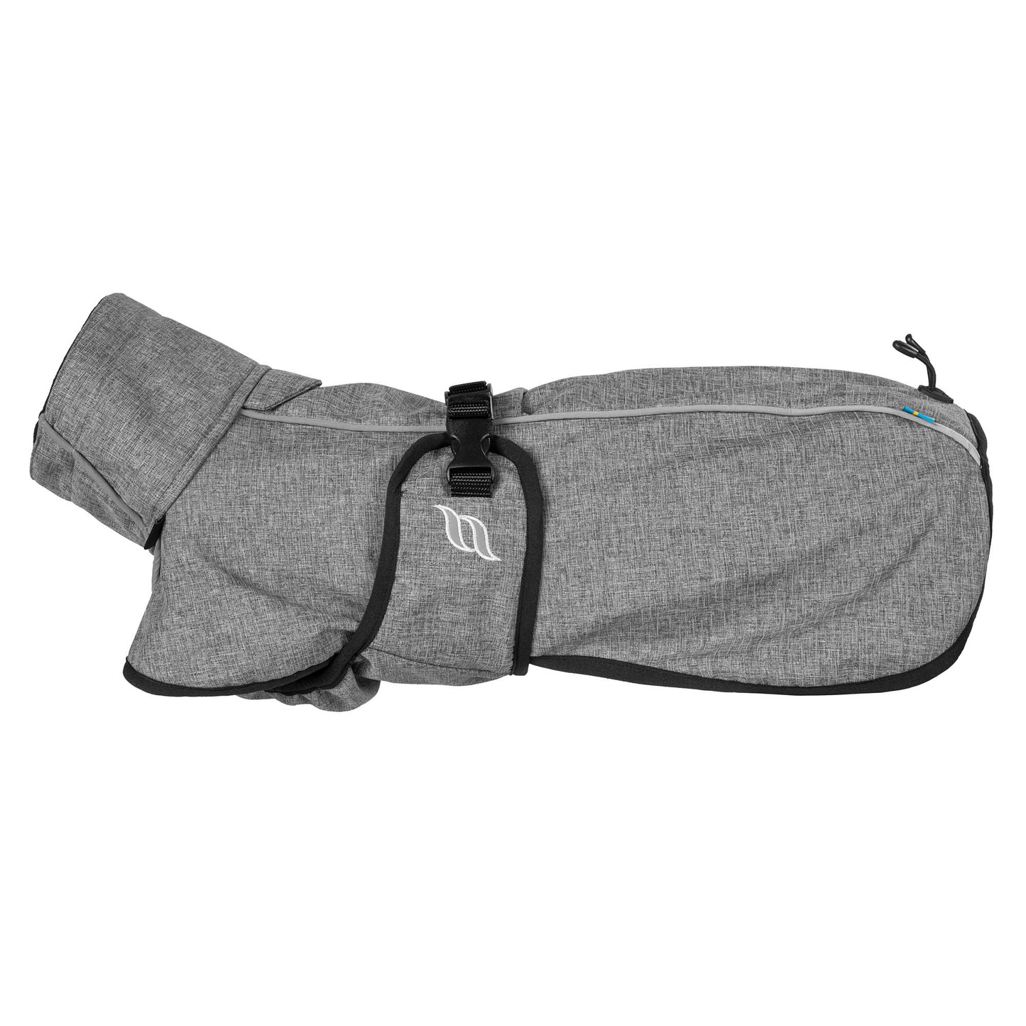 grey fitted dog rug, reflective details and high collar