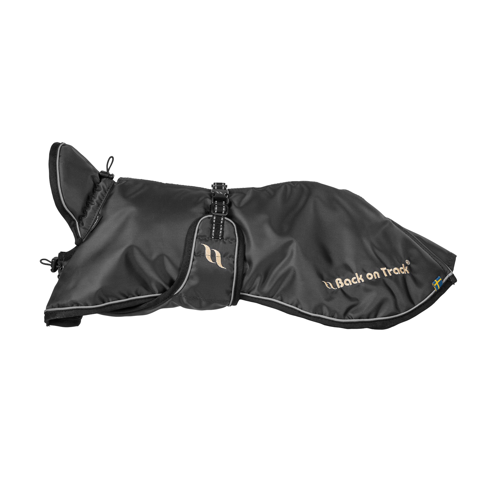 black dog coat with low tail , covers rear of dog