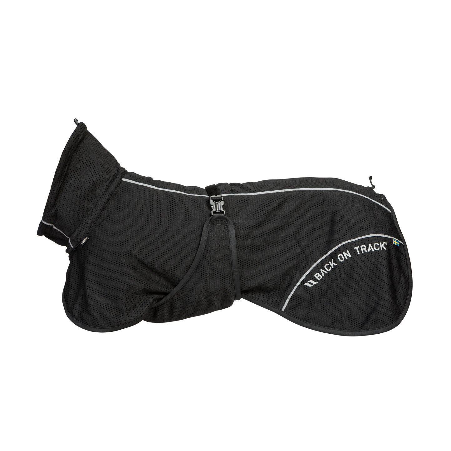 Black Bay Mesh dog coat with 'Back on Track' branding on a white background