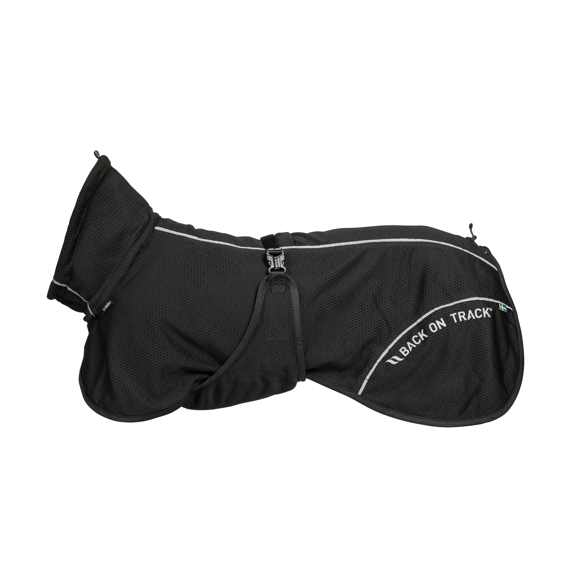 Black Bay Mesh dog coat with 'Back on Track' branding on a white background