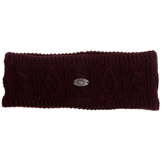 Burgundy cable knit headband with metal logo badge