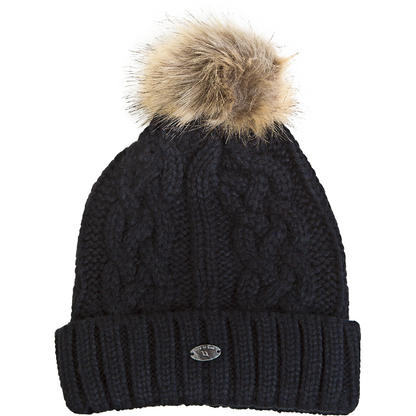 navy cable knit beanie with pompom