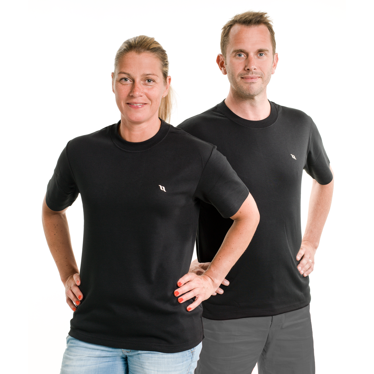 male and female wearing a black t-shirt with gold Back on track logo