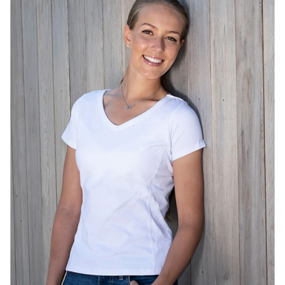 a white v-neck shirt being worn by blonde women