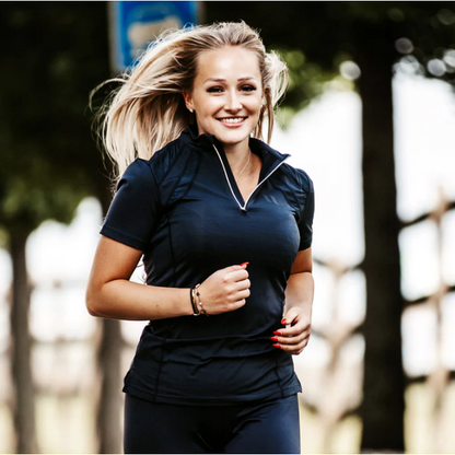 black running shirt, being worn by blonde women