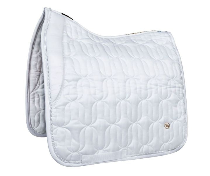 shiny white dressage saddle pad with brush gold BOT badge