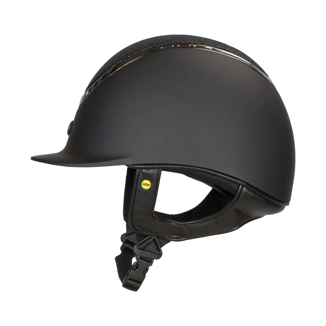 black smooth riding helmet with sparkle detail, side view