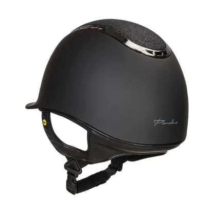 side view: black smooth riding helmet with sparkle detail on top