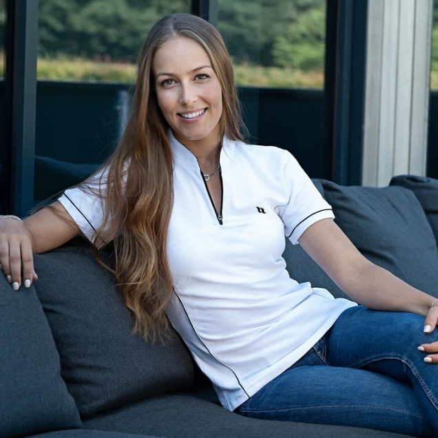 white slim shirt with black piping worn by women