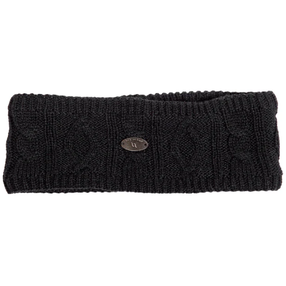 Dark Grey cable knit headband with metal logo badge