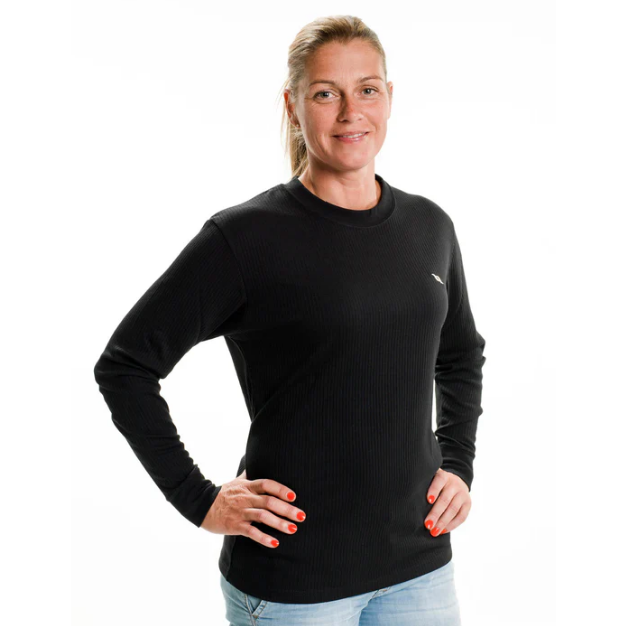 women wearing a black sweater with logo