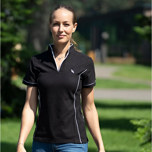 black slim shirt with white piping worn by women