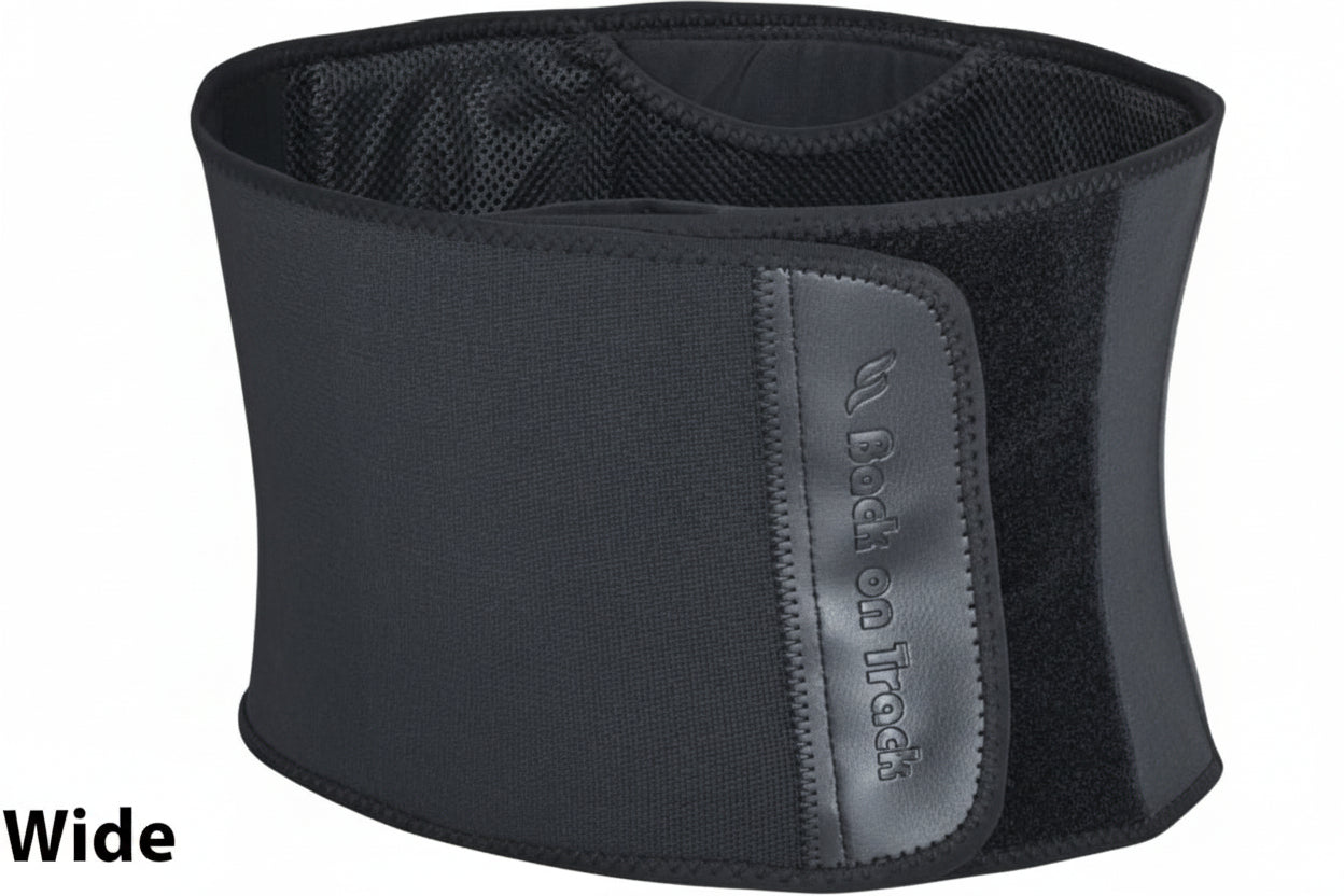 Black waist support belt with brand logo on a white background