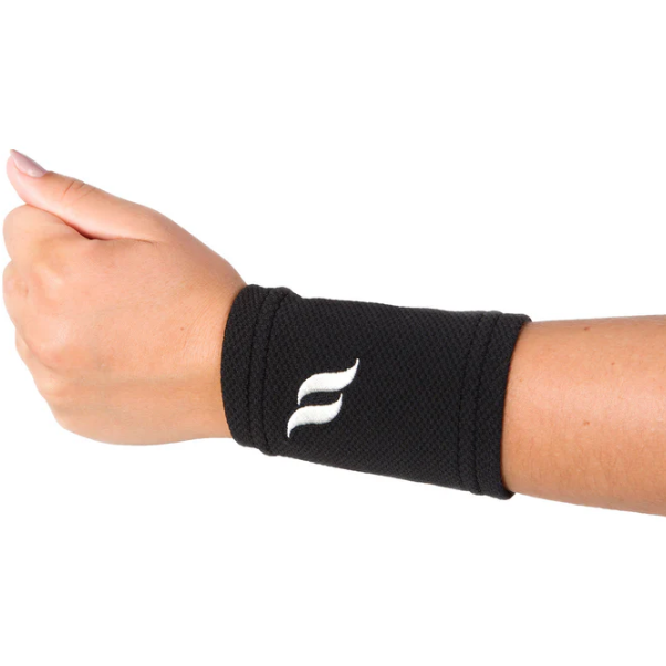 black wrist brace with back on track logo, worn by women