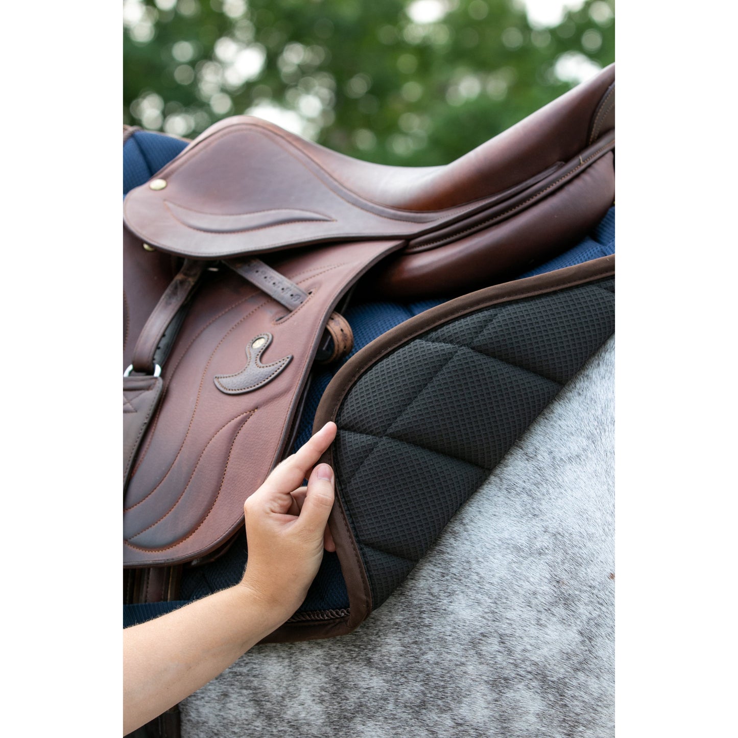 Navy saddle pad on grey horse, mesh, airflow, breathable