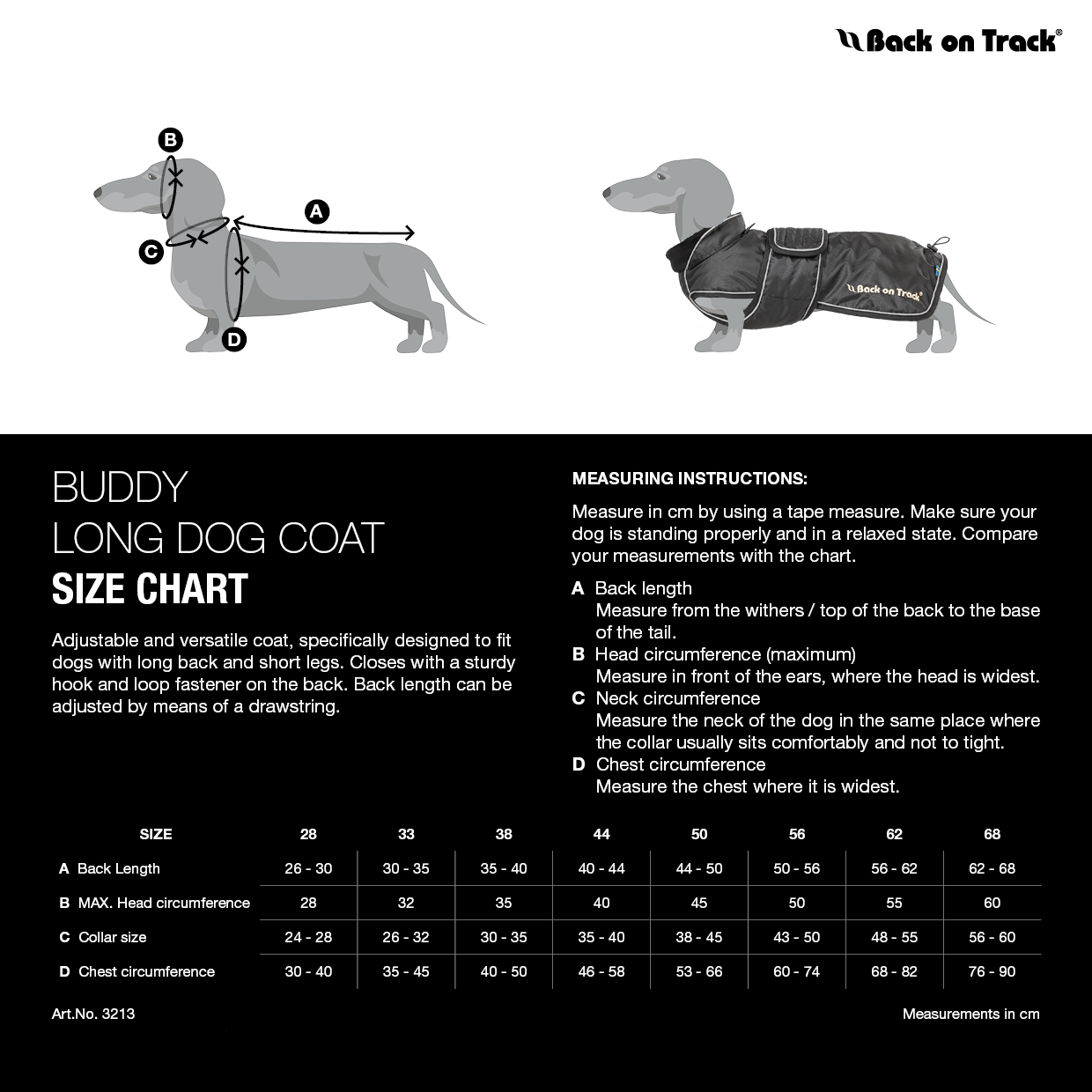 size chart for long dog jacket