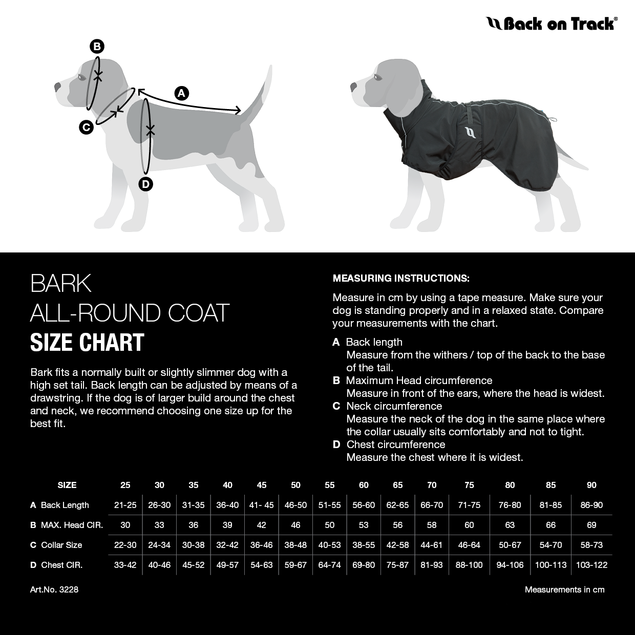 size chart for Bark dog coat