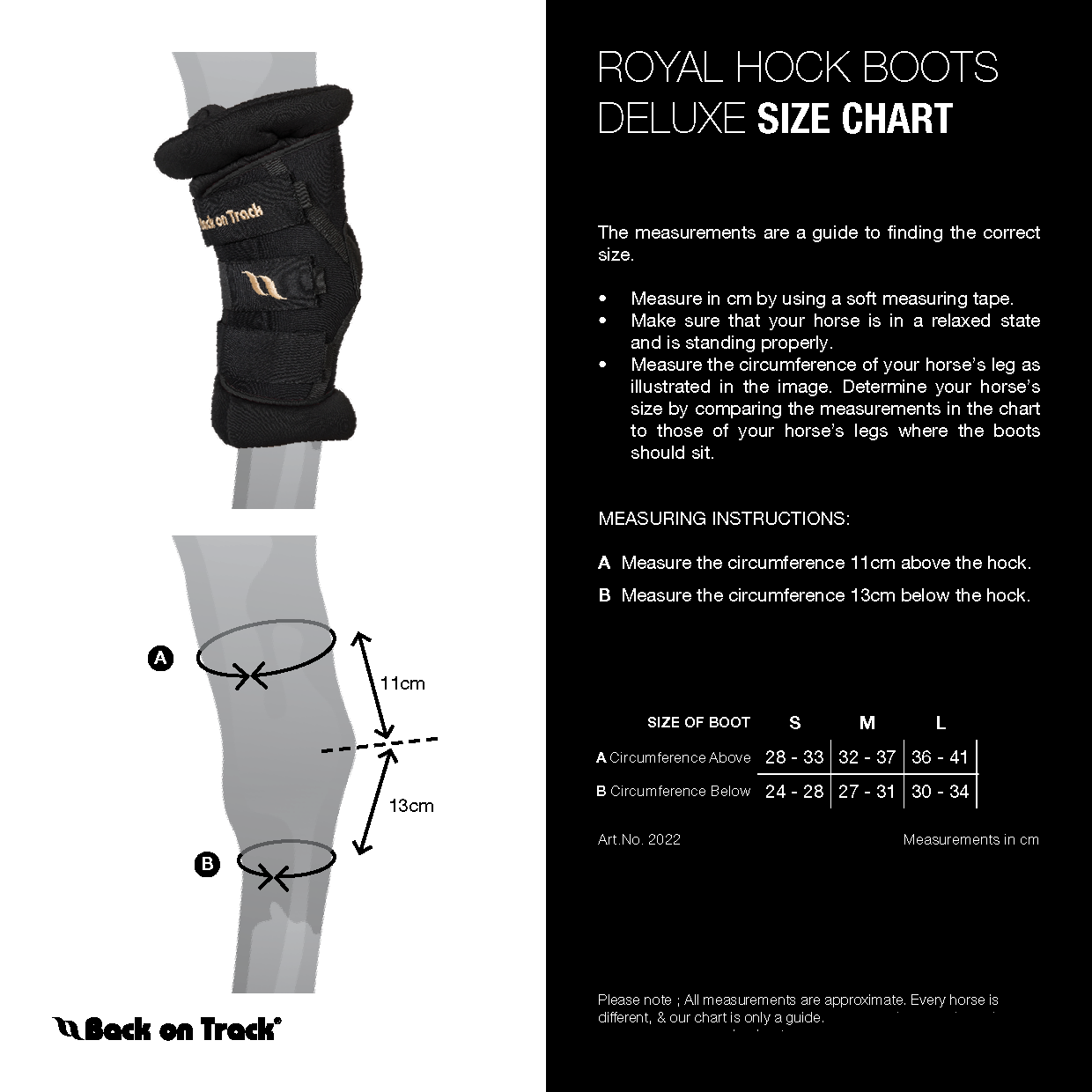 A size chart graphic for Royal Hock Boots Deluxe, showing a black knee support boot on a gray leg diagram with measurement arrows and a size table from S to L. The left side is white with the boot and instructions, and the right side is black with product title and text.