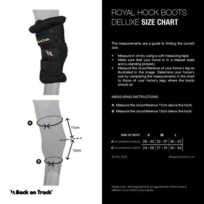 A size chart graphic for Royal Hock Boots Deluxe, showing a black knee support boot on a gray leg diagram with measurement arrows and a size table from S to L. The left side is white with the boot and instructions, and the right side is black with product title and text.
