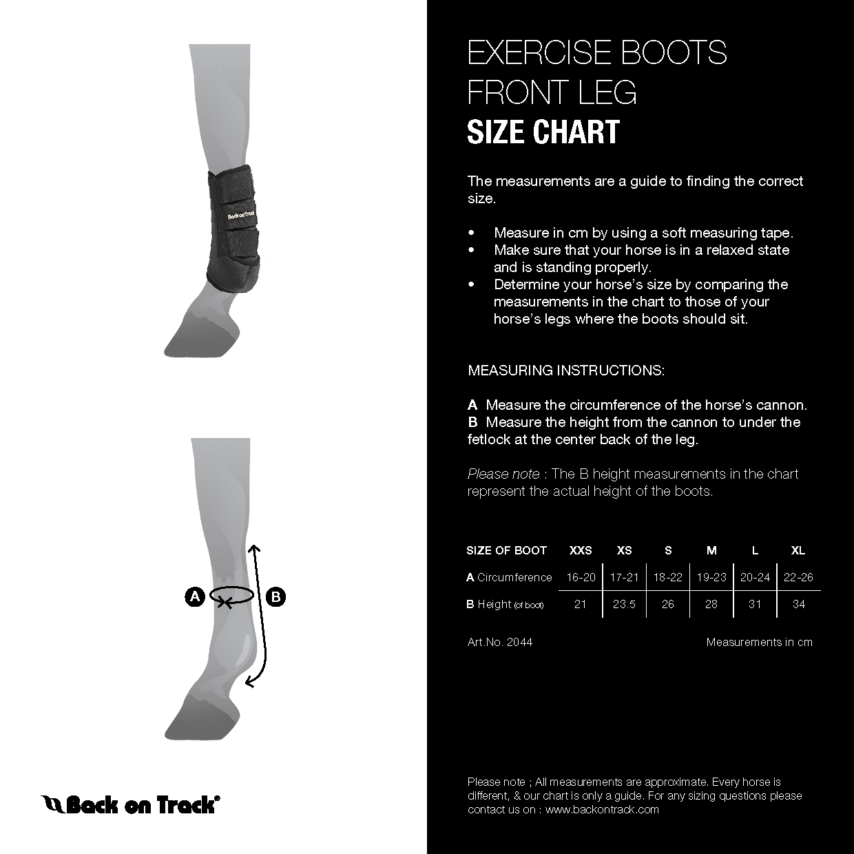 Exercise boots with size chart for front leg measurement on a white background