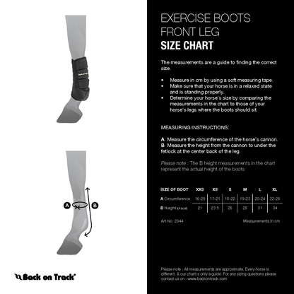 Exercise boots with size chart for front leg measurement on a white background