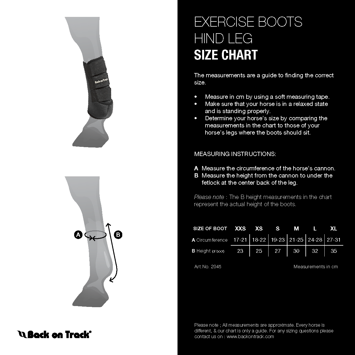 Exercise boots for a horse with a size chart and measurement instructions on a white background.