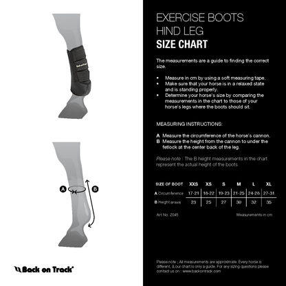 Exercise boots for a horse with a size chart and measurement instructions on a white background.