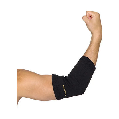 black elbow support brace on right arm