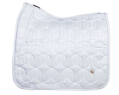 shiny white dressage saddle pad with brush gold BOT badge