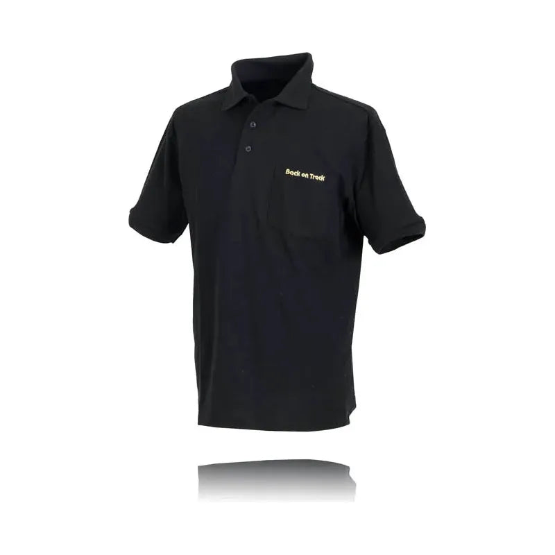 black polo shirt with back on track embroidery