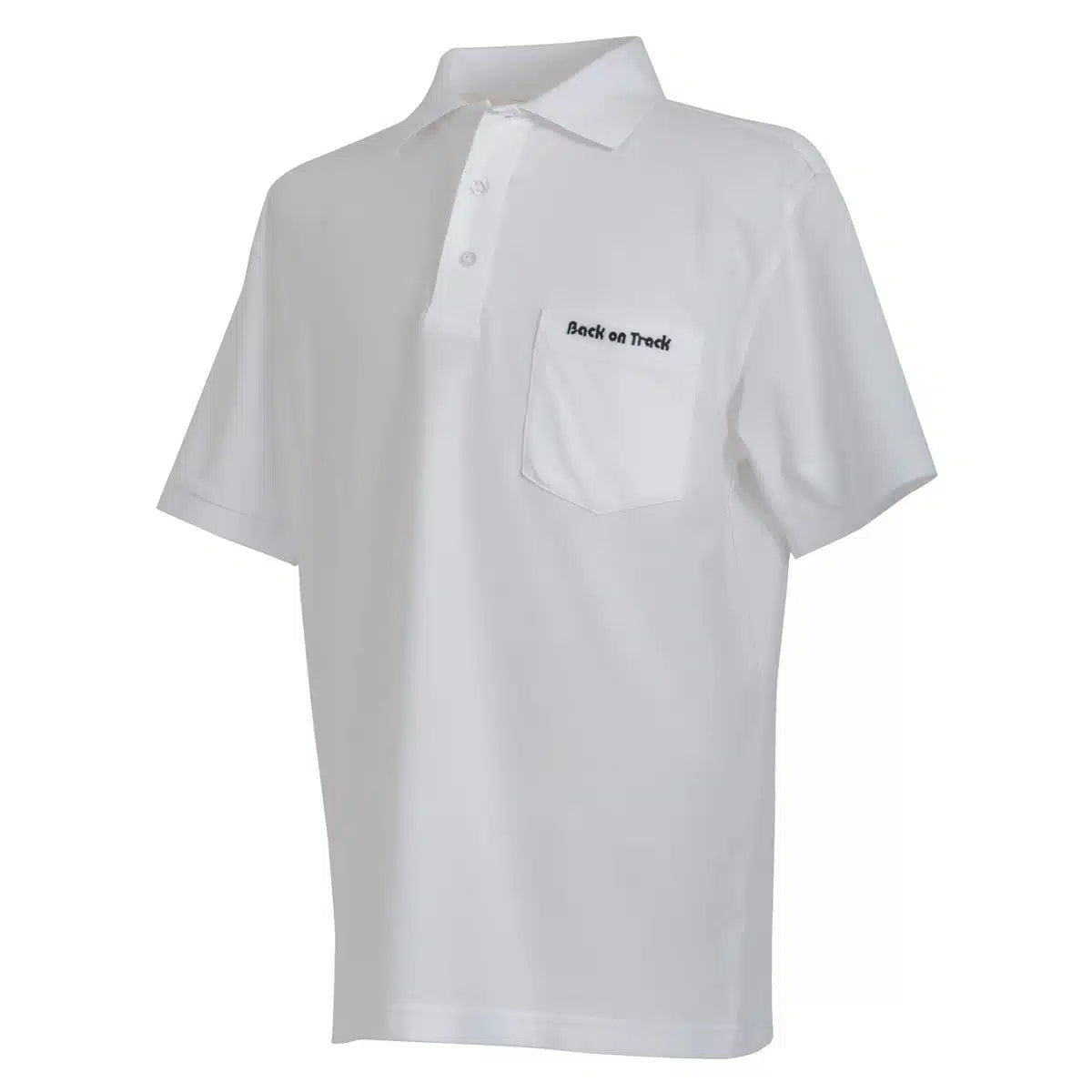 white back on track polo shirt with black logo (written)