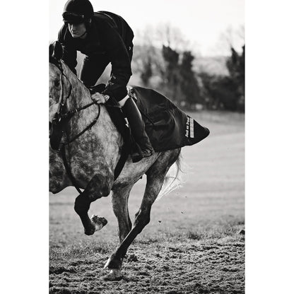 black exercise sheet being worn by horse