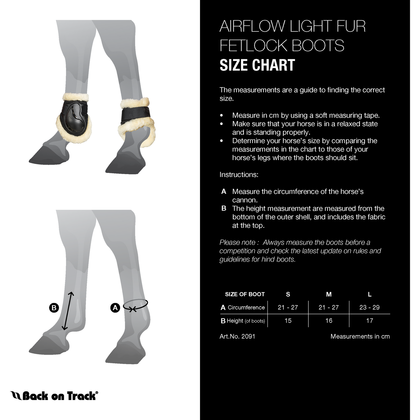 size chart for brown fur lined fetlock boot 