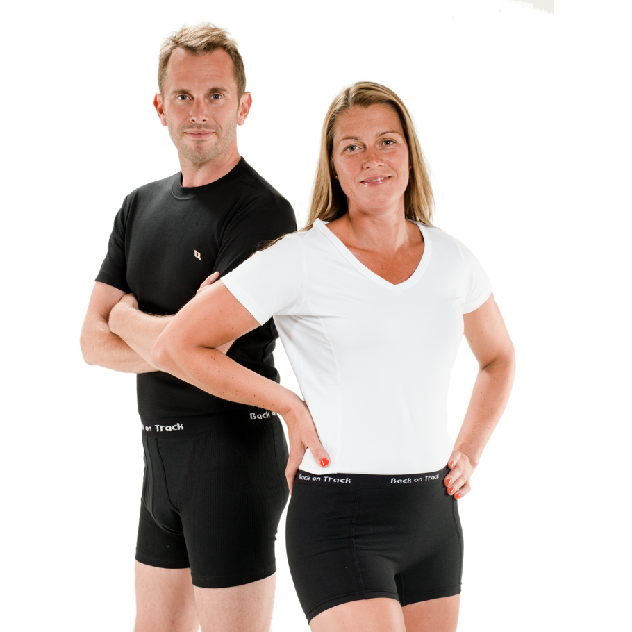 man and women wearing black boxer shorts