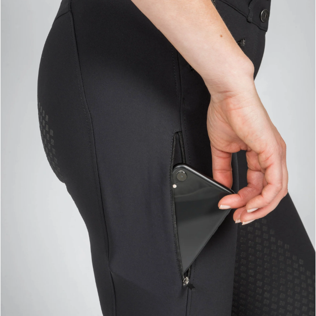 black breeches with knee grip, closeup of phone pocket